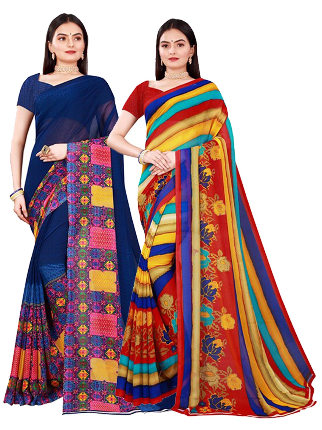 KALINI Navy Blue & Yellow Pure Georgette Saree