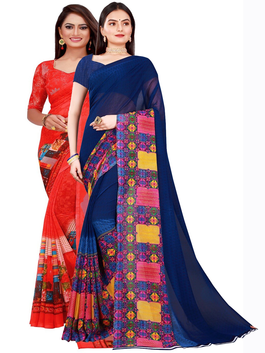 

KALINI Pack of 2 Navy Blue & Red Pure Georgette Saree