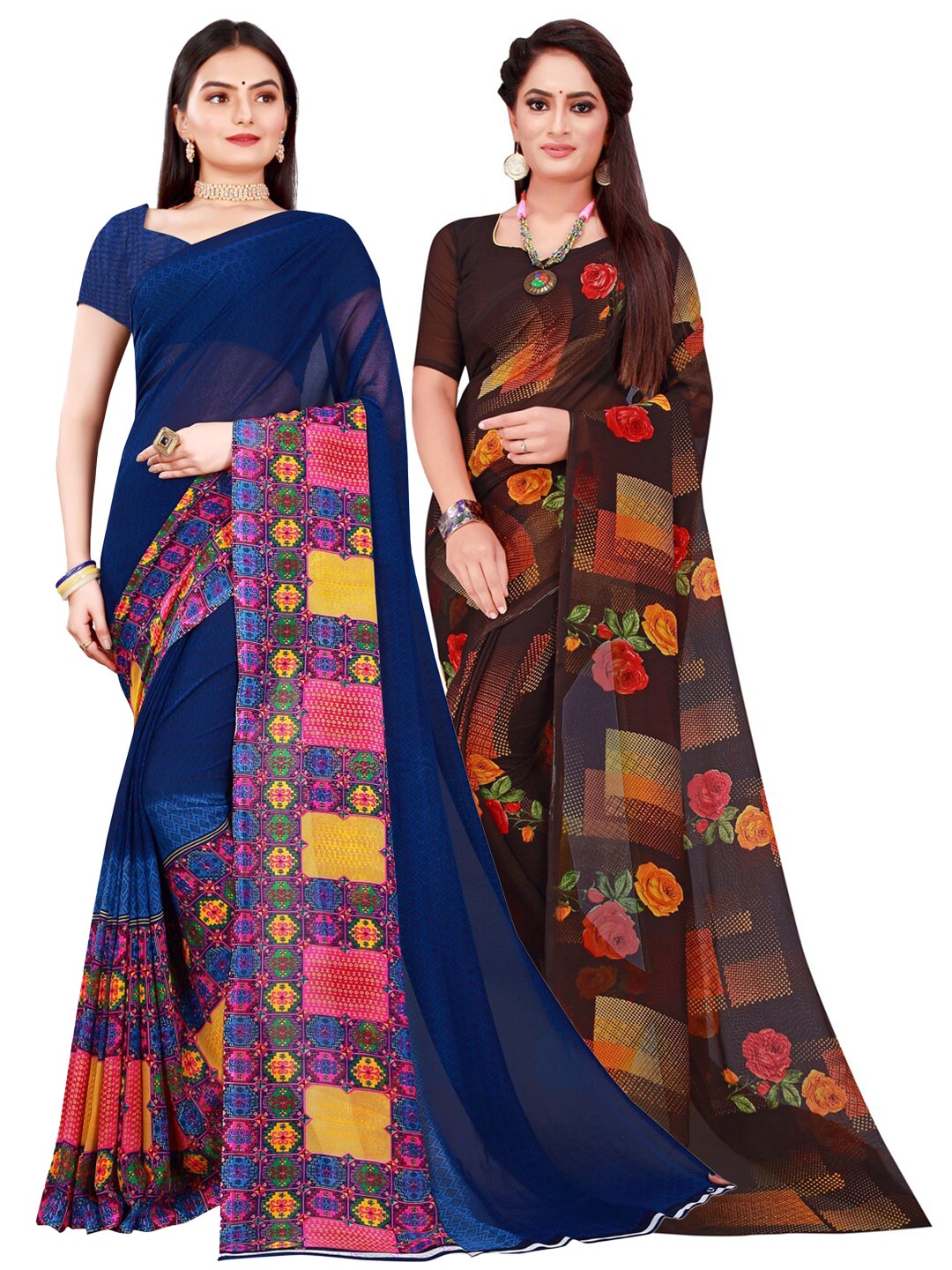 

KALINI Set of 2 Navy Blue & Brown Pure Georgette Saree