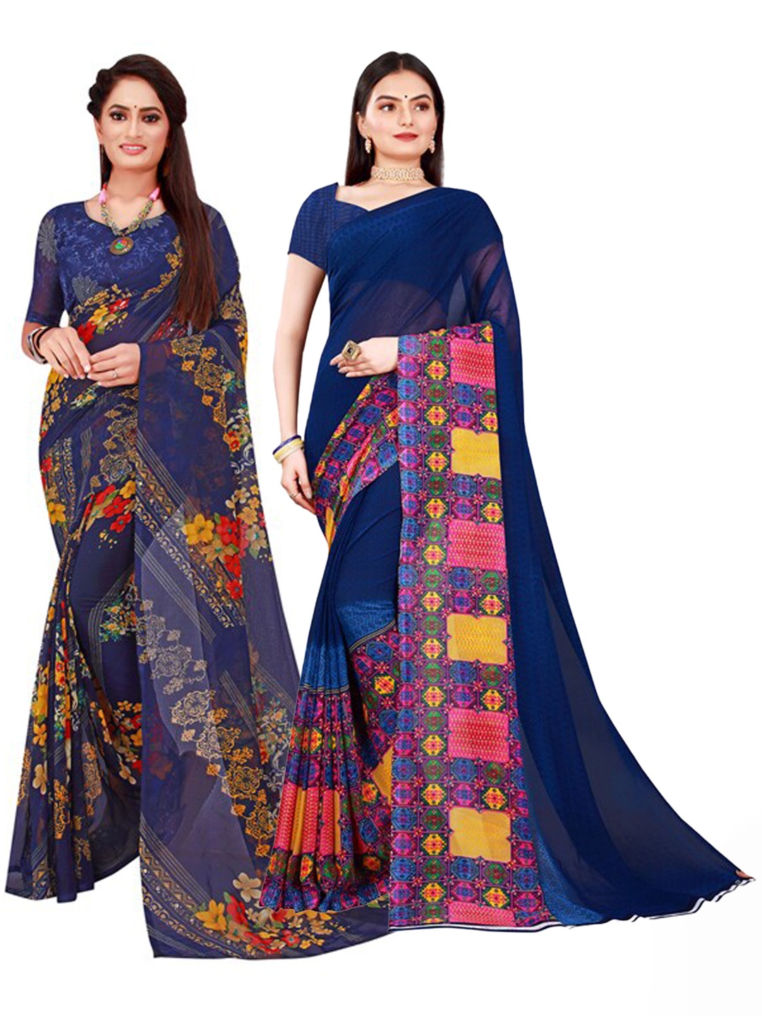 

KALINI Set of 2 Navy Blue & Blue Pure Georgette Saree