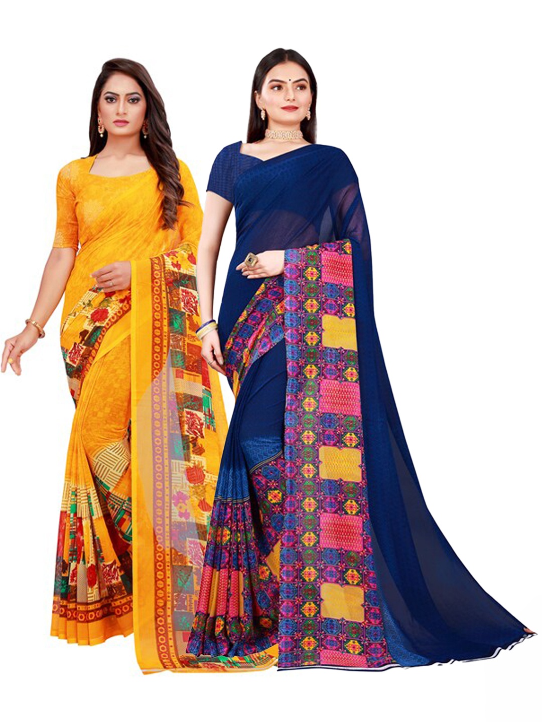 

KALINI Set of 2 Navy Blue & Yellow Pure Georgette Saree