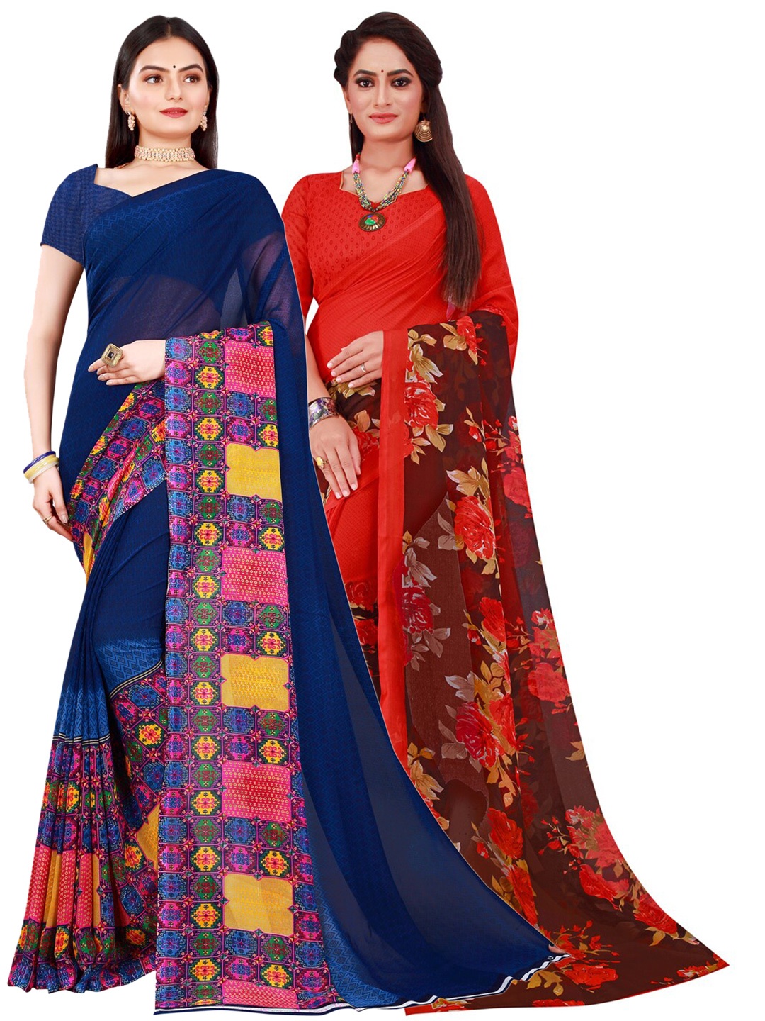 

KALINI Set of 2 Navy Blue & Red Pure Georgette Saree