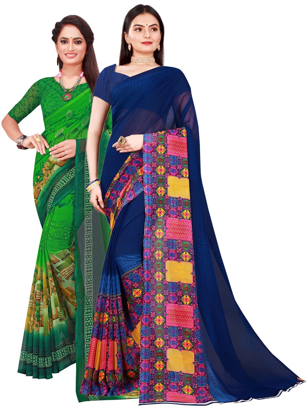 

KALINI Set of 2 Navy Blue & Green Pure Georgette Saree