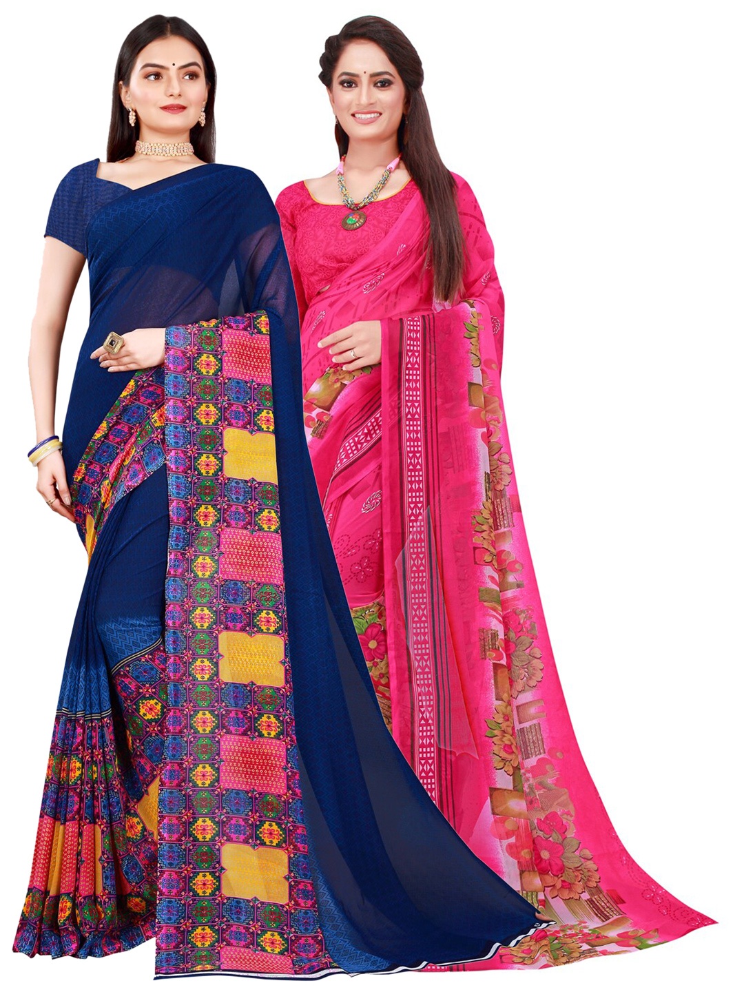 

KALINI Set of 2 Navy Blue & Yellow Pure Georgette Saree