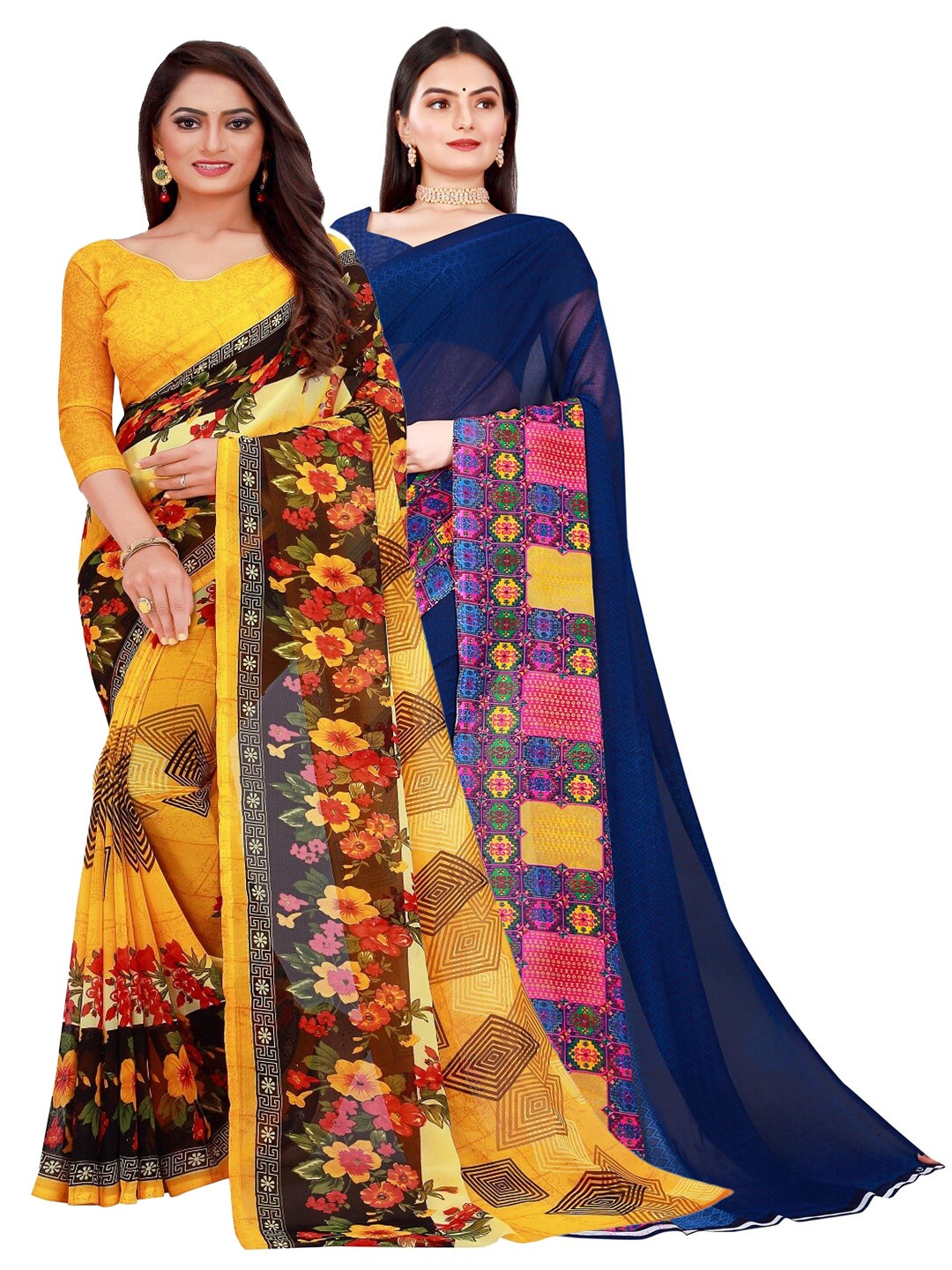 

KALINI Set of 2 Yellow & Black Pure Georgette Saree
