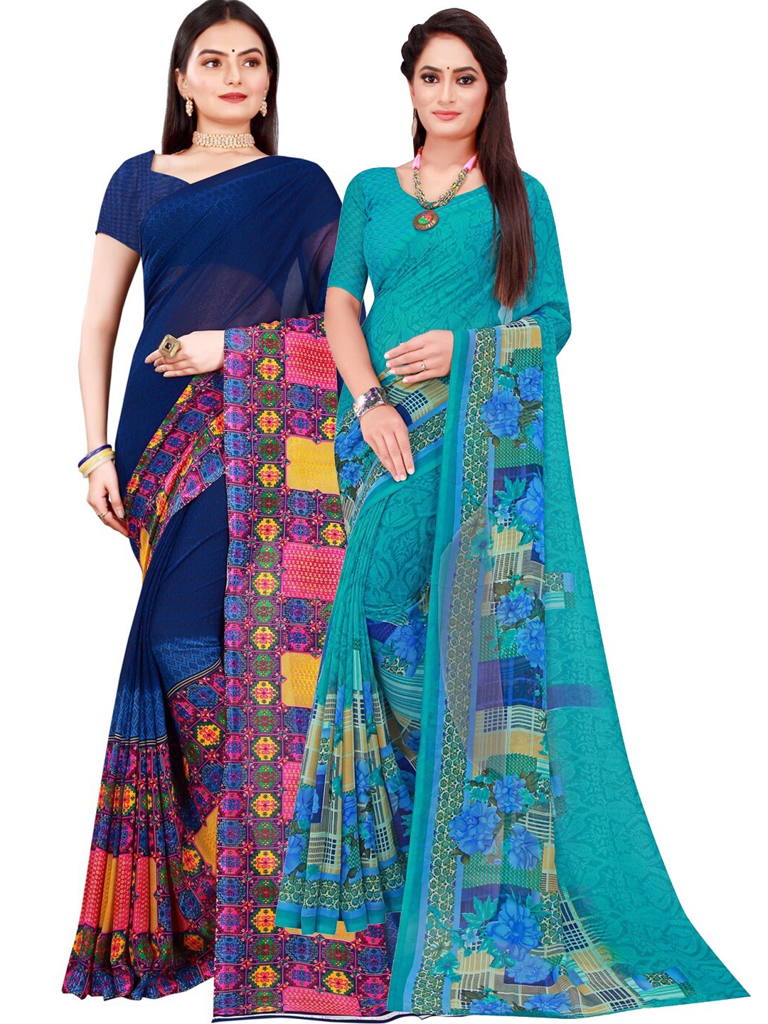 

KALINI Set of 2 Navy Blue & Teal Pure Georgette Saree