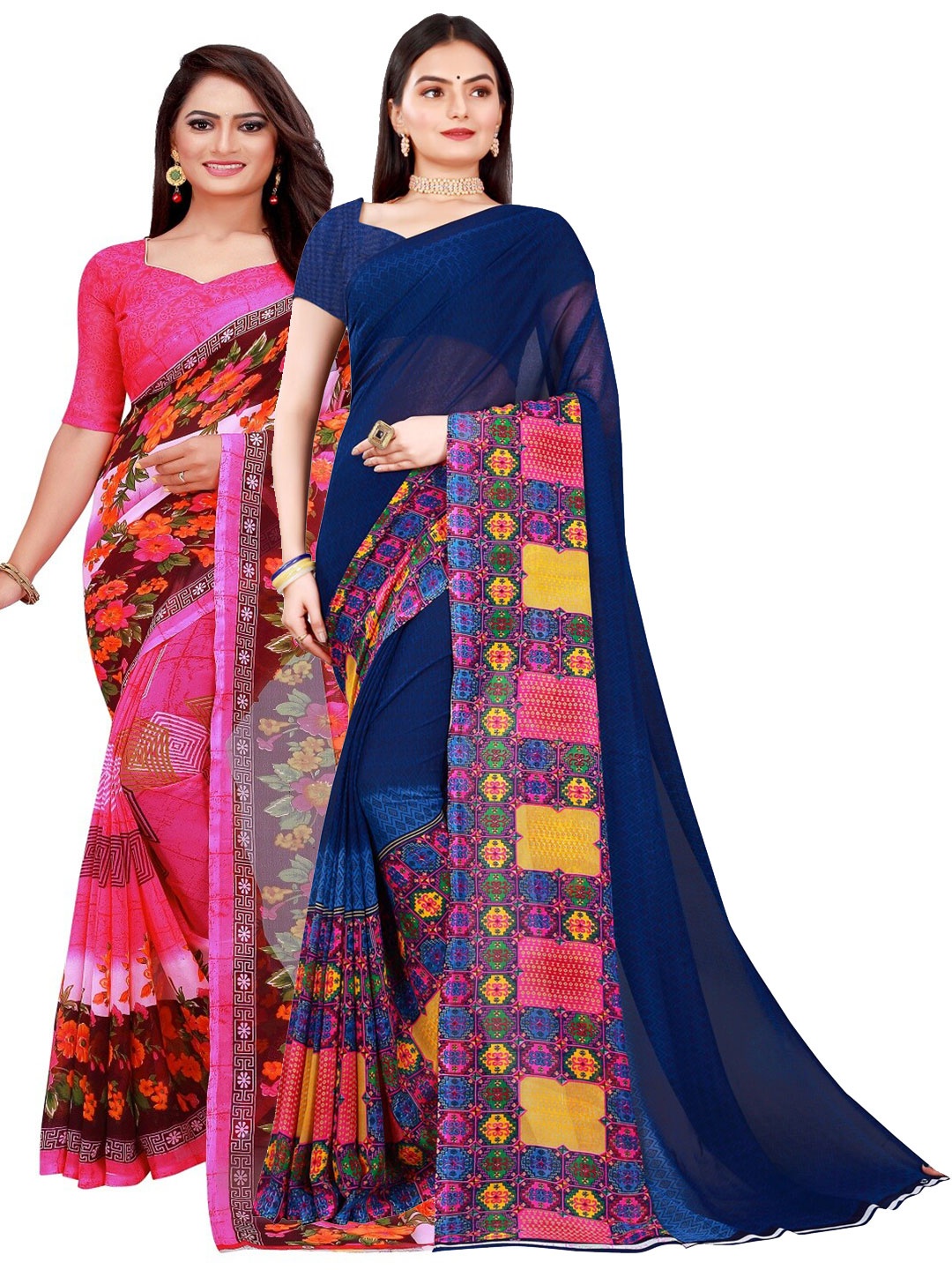 

KALINI Set of 2 Navy Blue & Pink Pure Georgette Saree