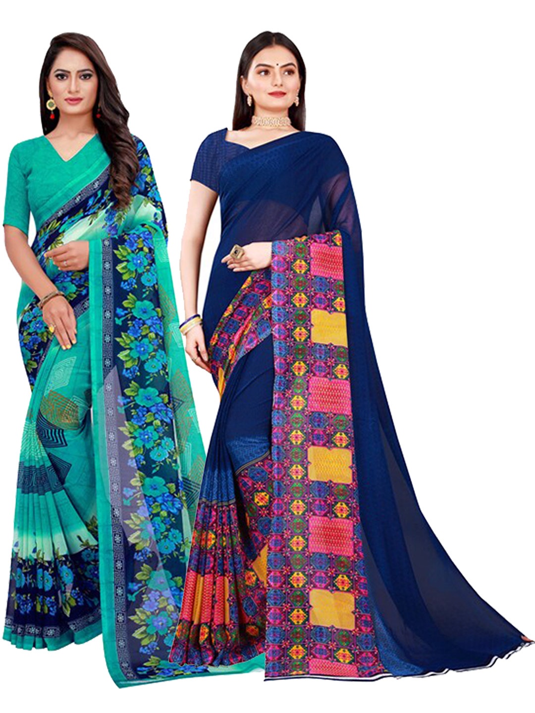 

KALINI Teal & Navy Blue Pure Georgette Saree