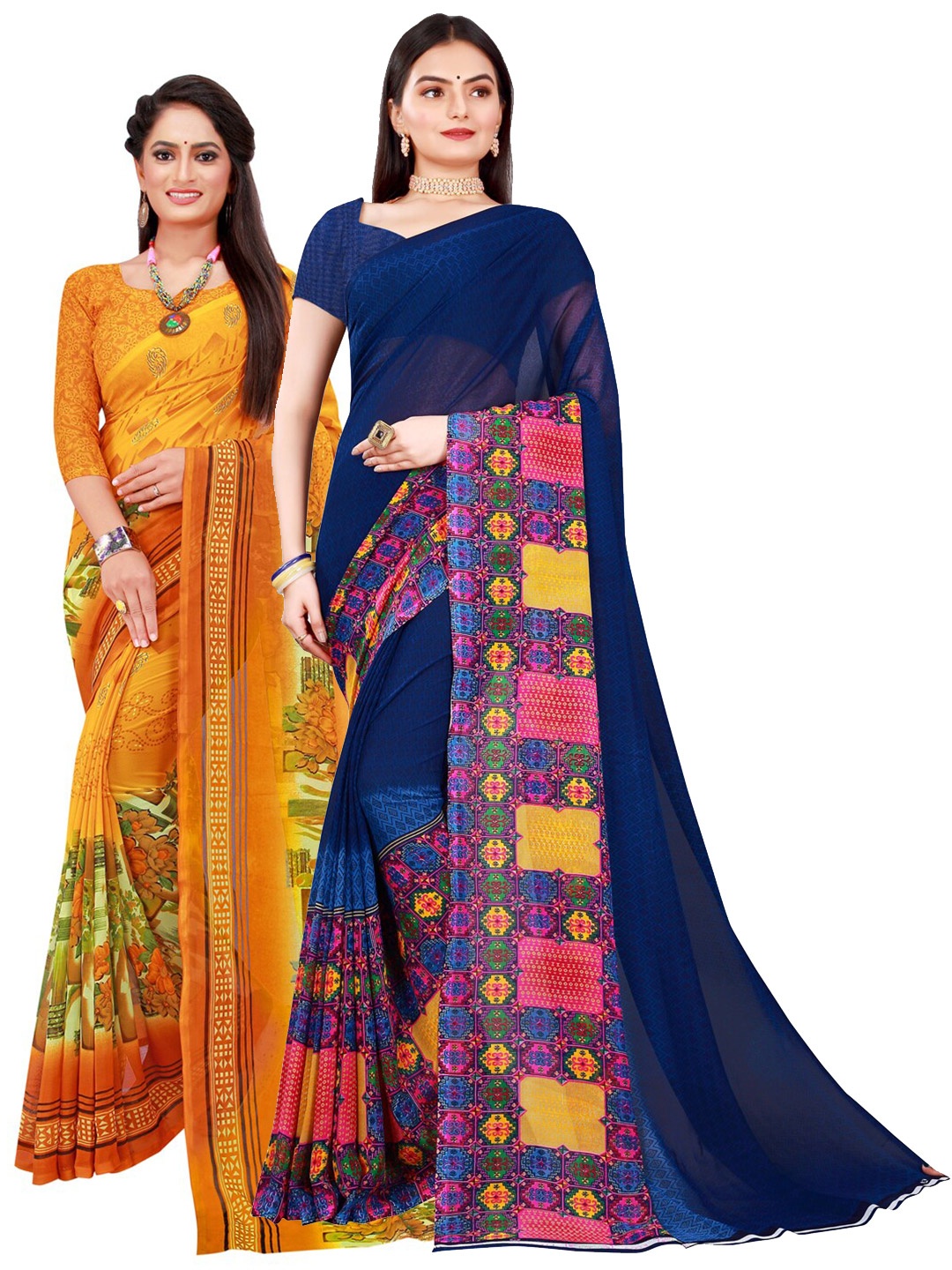 

Florence Navy Blue & Yellow Pure Georgette Saree