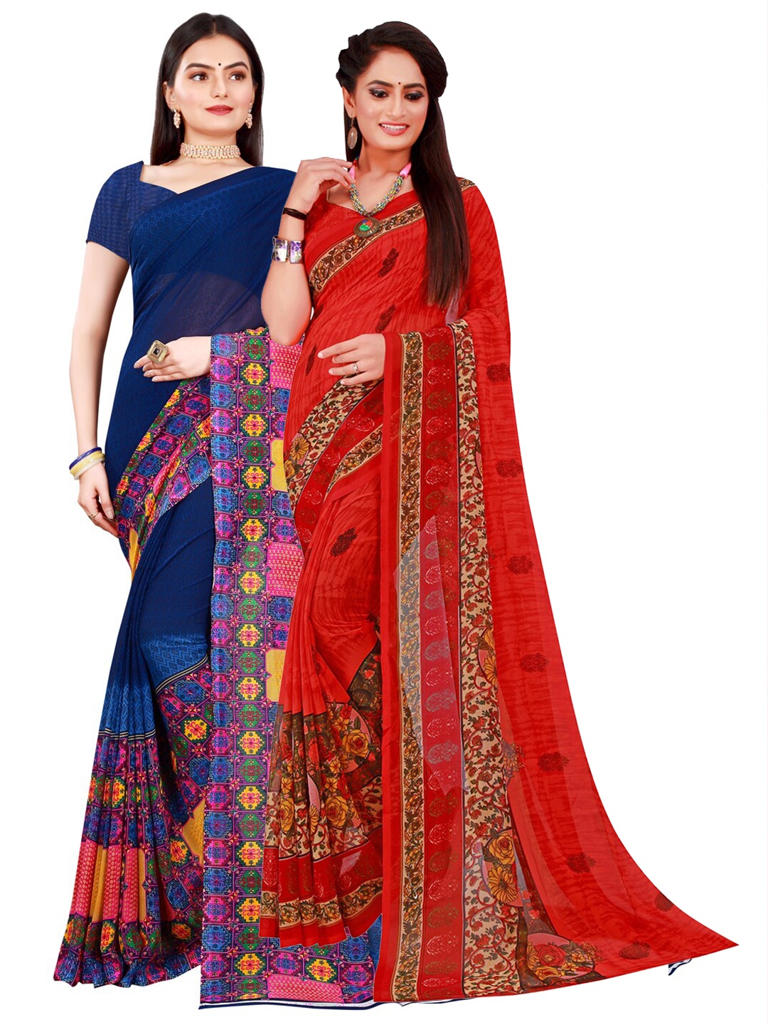 

Florence Navy Blue & Red Pure Georgette Saree