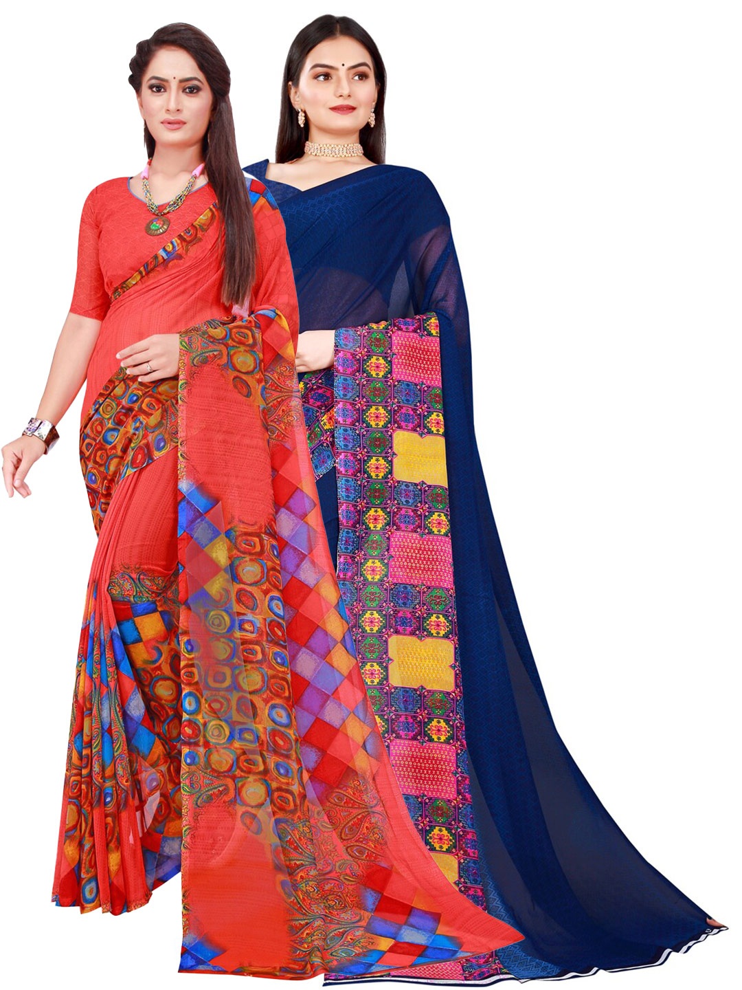 

Florence Navy Blue & Red Pure Georgette Saree