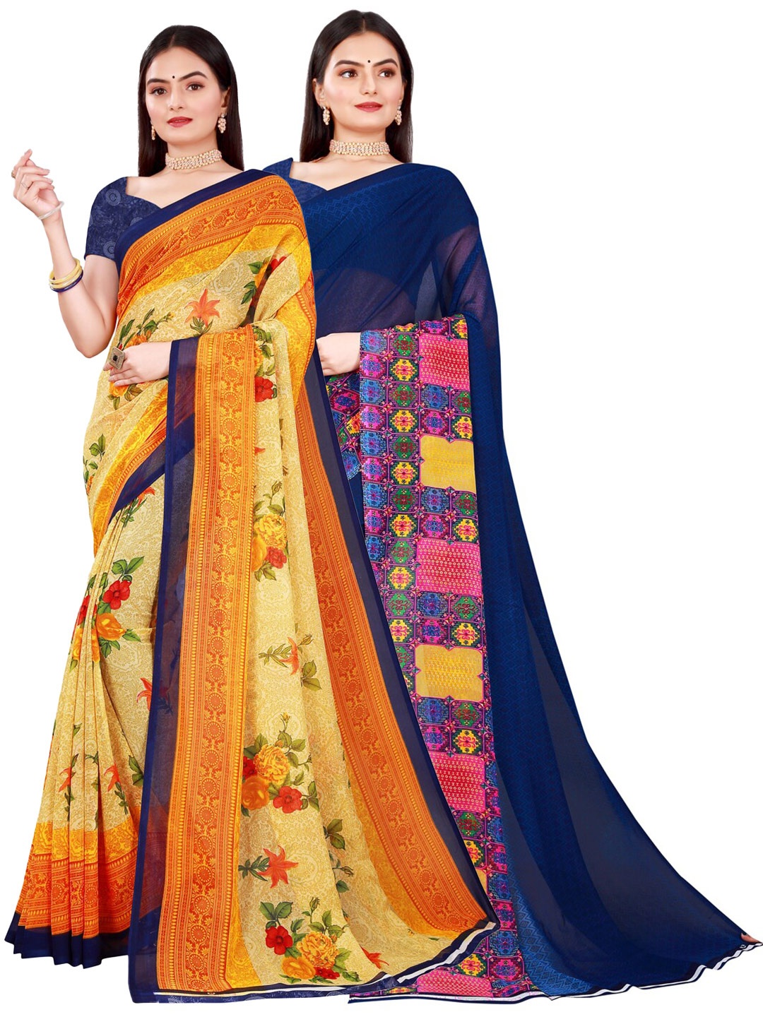 

Florence Beige & Navy Blue Pure Georgette Saree