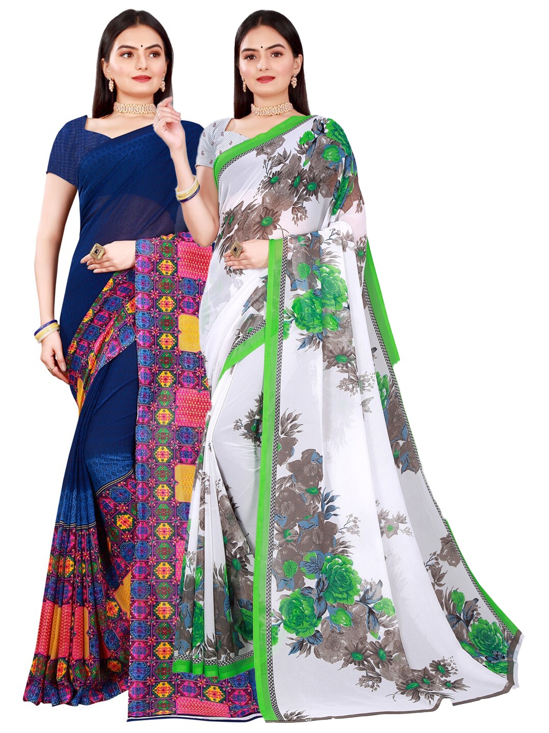 

Florence Navy Blue & White Pure Georgette Saree Pack of2