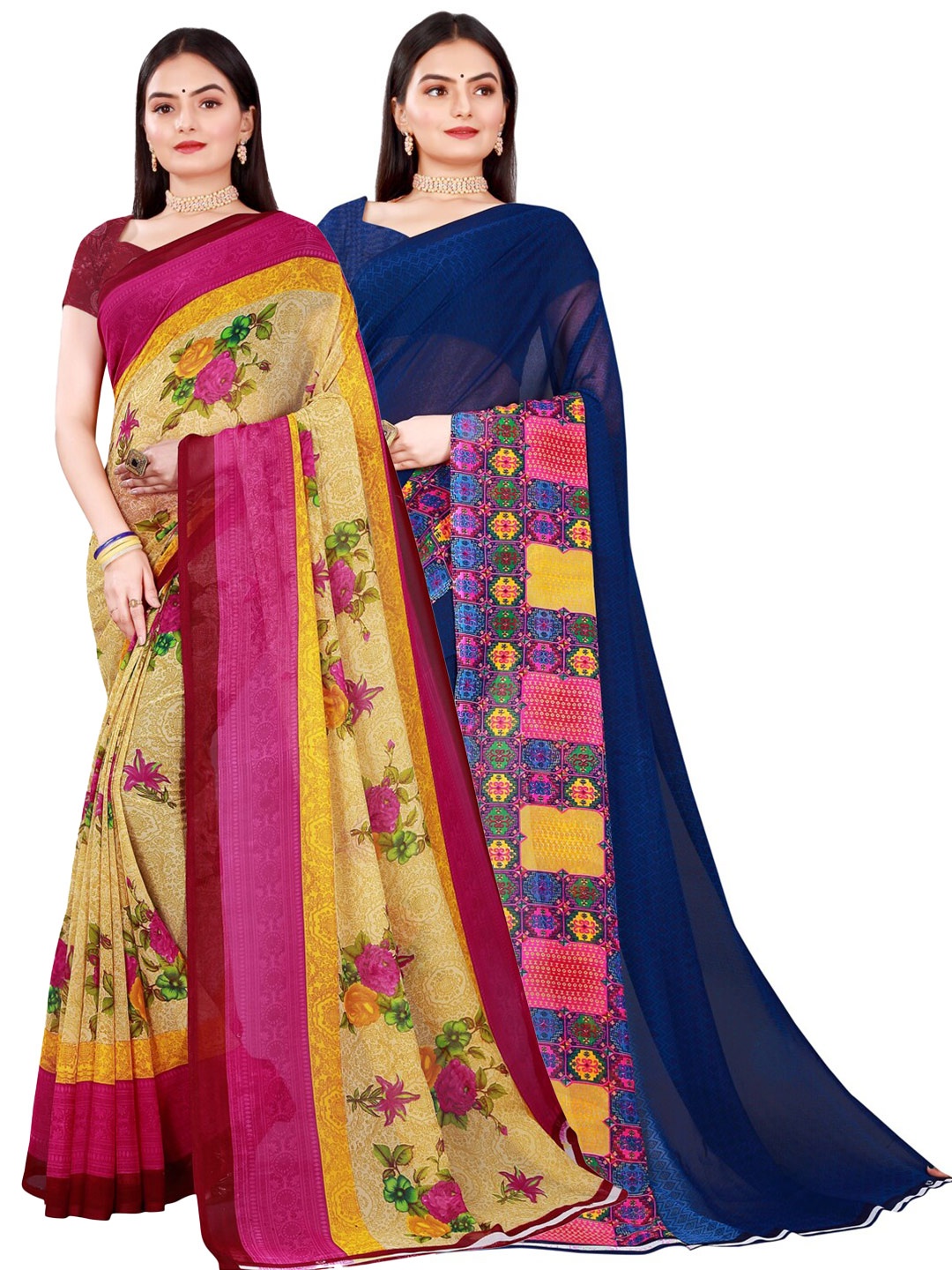 

Florence Beige & Fuchsia Pure Georgette Saree Pack of 2