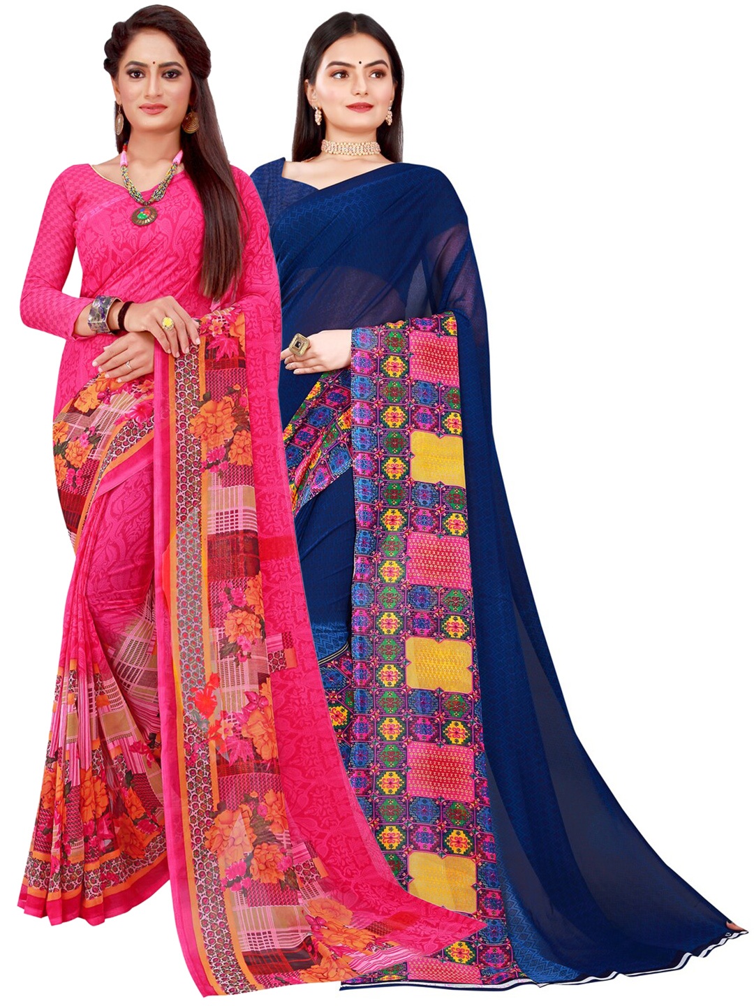 Florence Pink & Navy Blue Pure Georgette Saree Pack of 2