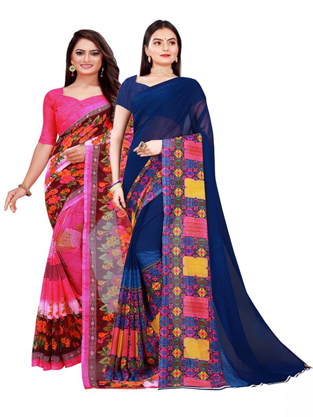 

Florence Navy Blue & Pink Pure Georgette Saree Pack of 2