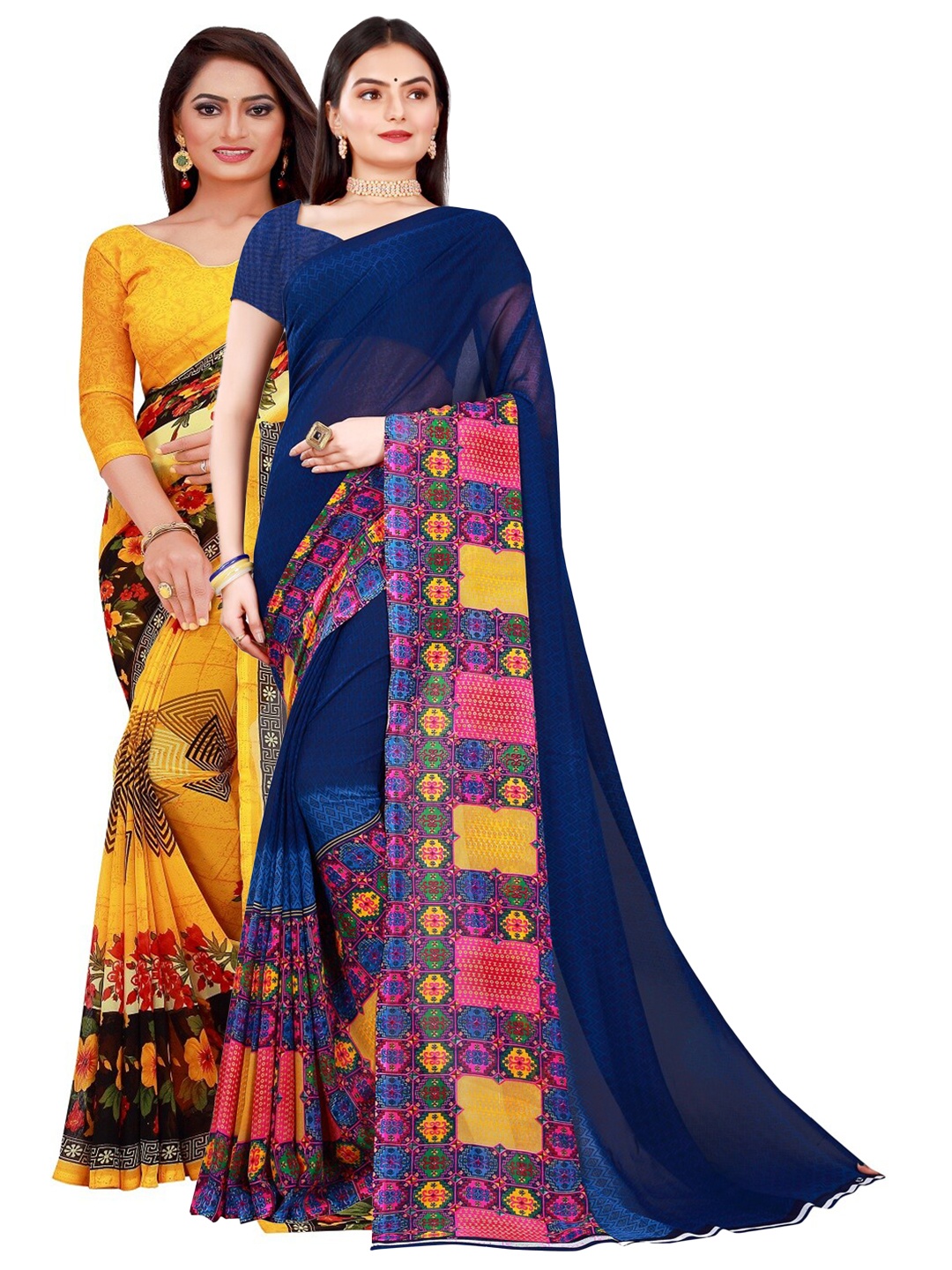

Florence Yellow & Black Pure Georgette Saree Pack of 2