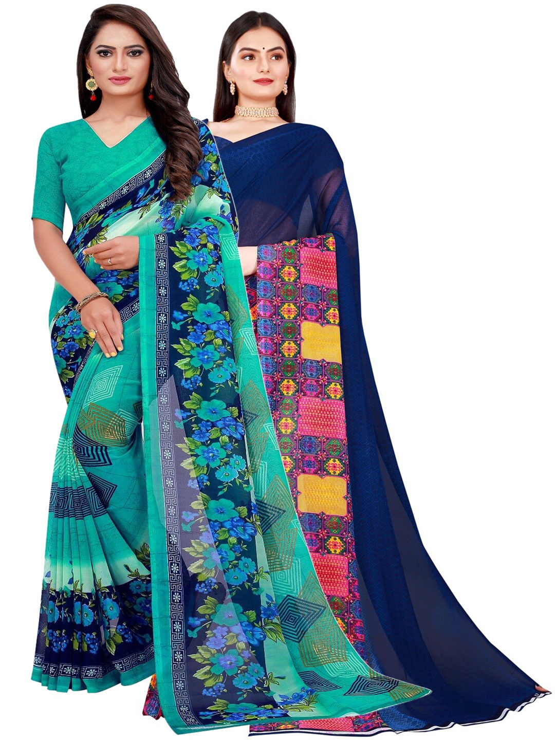 

Florence Teal & Navy Blue Pure Georgette Saree