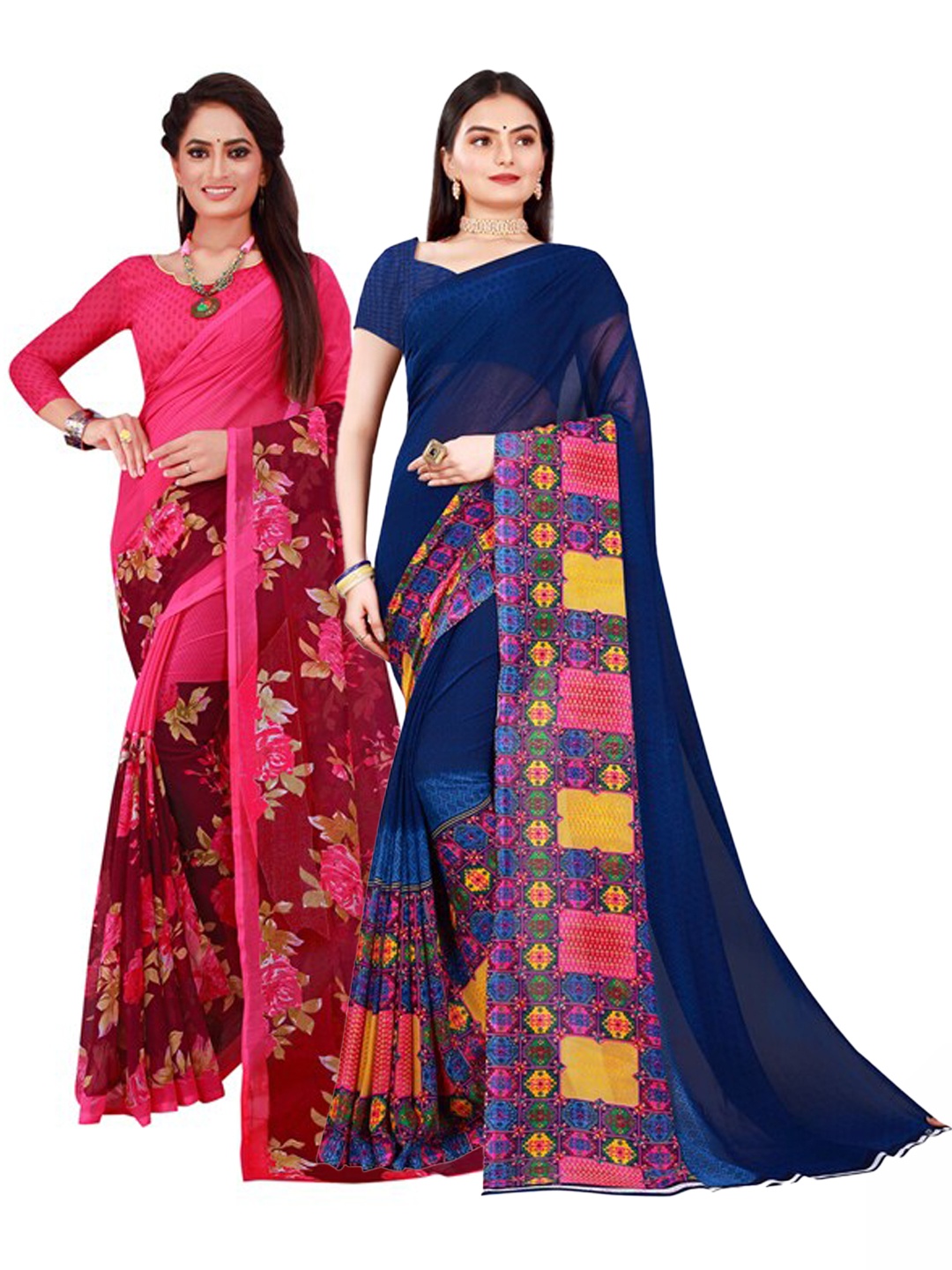 

Florence Navy Blue & Pink Pure Georgette Saree Pack of 2