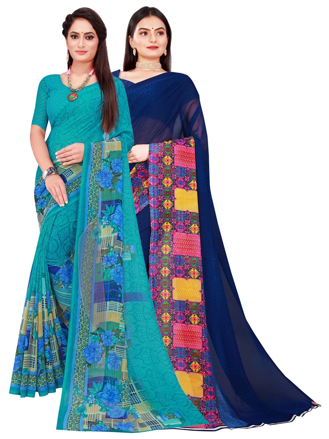 

Florence Navy Blue & Yellow Pure Georgette Saree