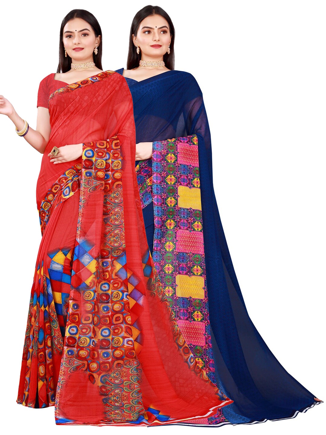 

Florence Navy Blue & Red Pure Georgette Saree