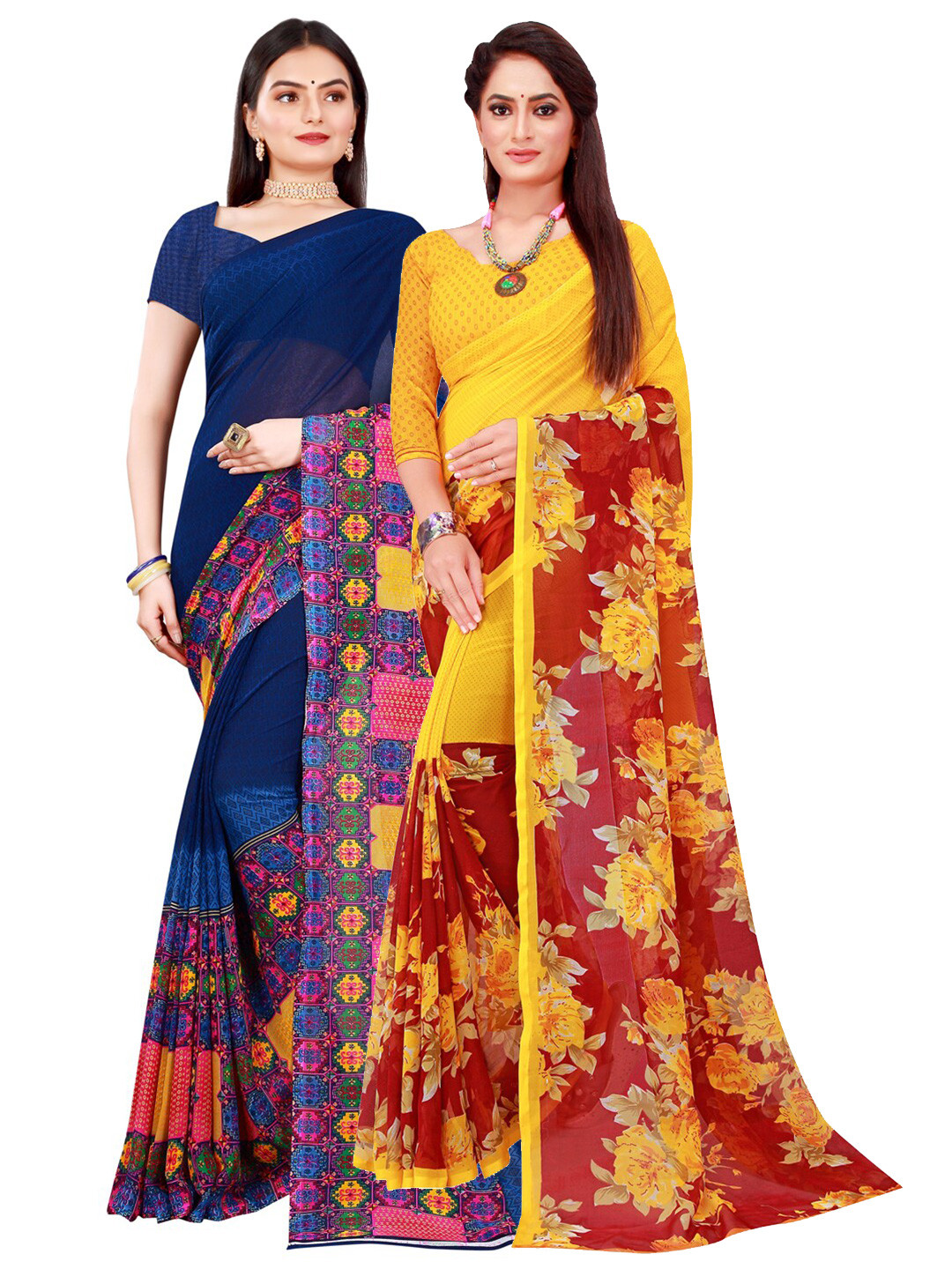 

Florence Navy Blue & Yellow Pure Georgette Saree