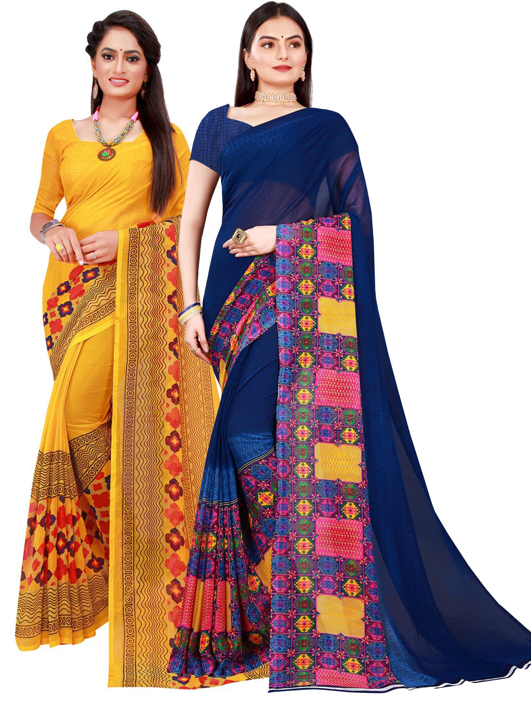 

Florence Yellow & Navy Blue Pure Georgette Saree