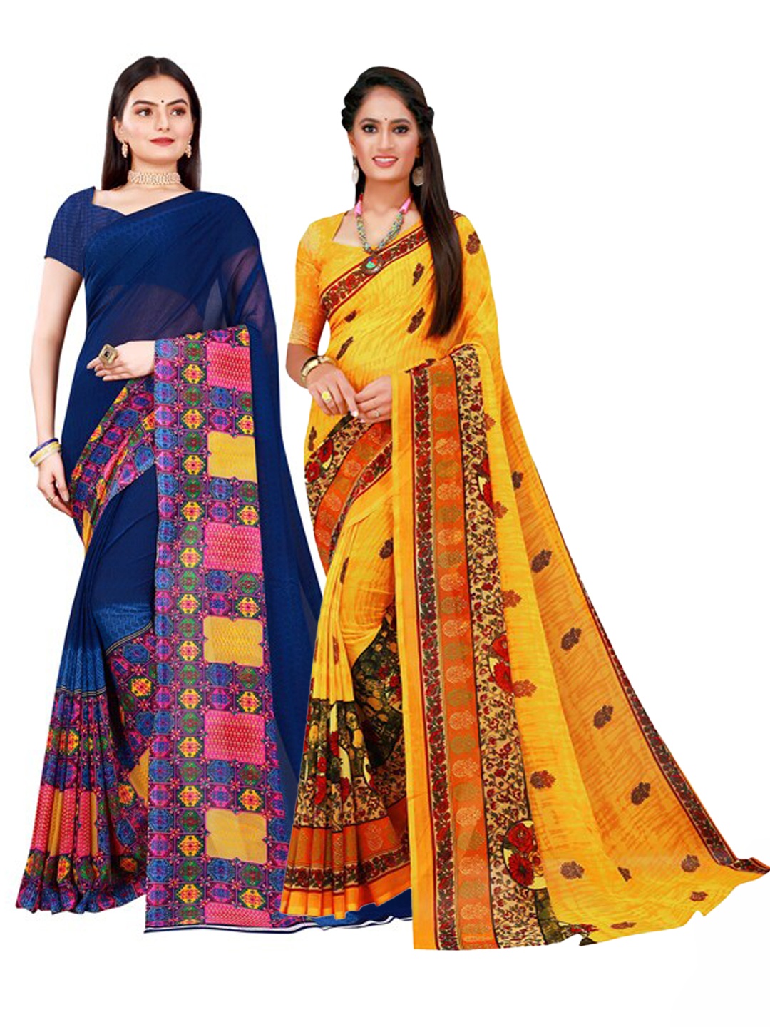 

Florence Navy Blue & Yellow Pure Georgette Saree