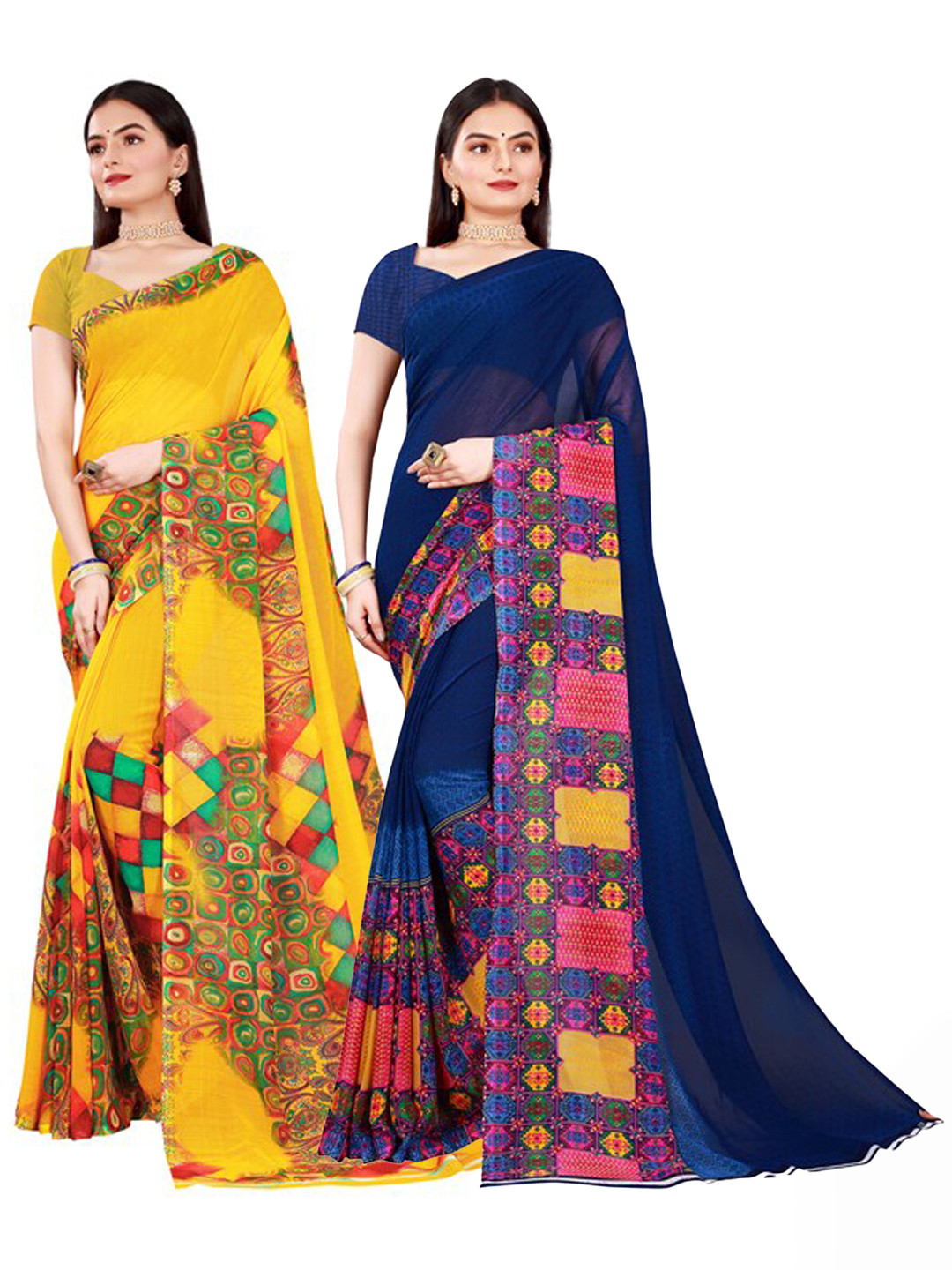 

Florence Navy Blue & Yellow Pure Georgette Saree