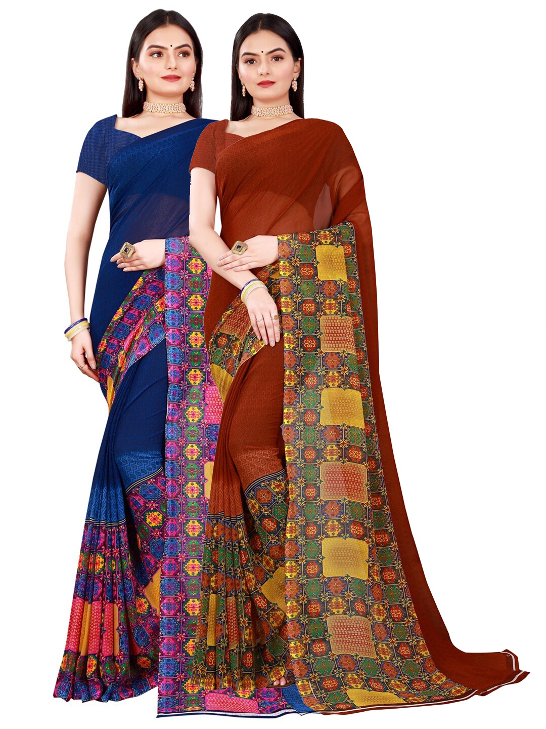 Florence Navy Blue & Brown Pure Georgette Saree