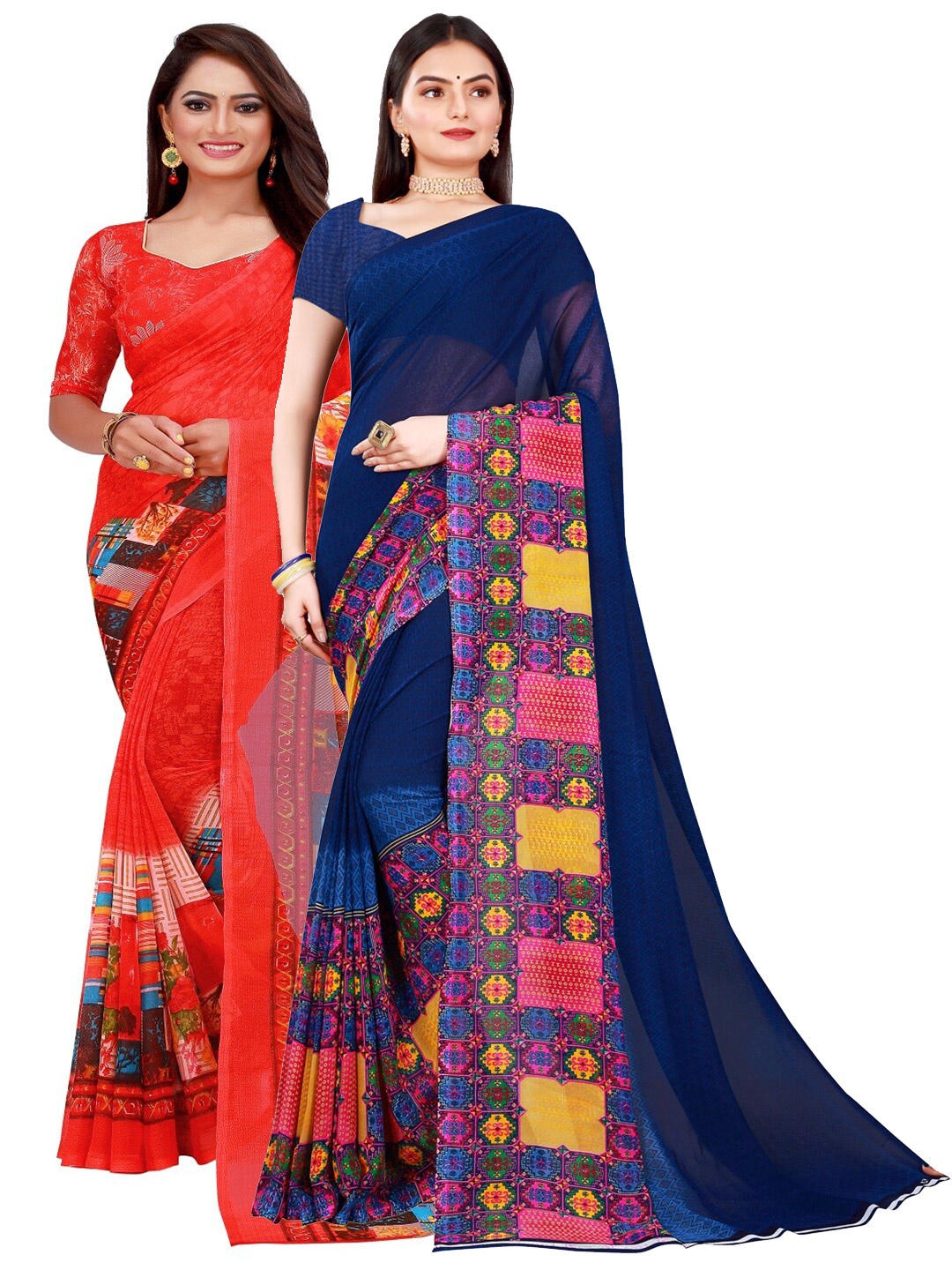 

Florence Navy Blue & Red Pure Georgette Saree