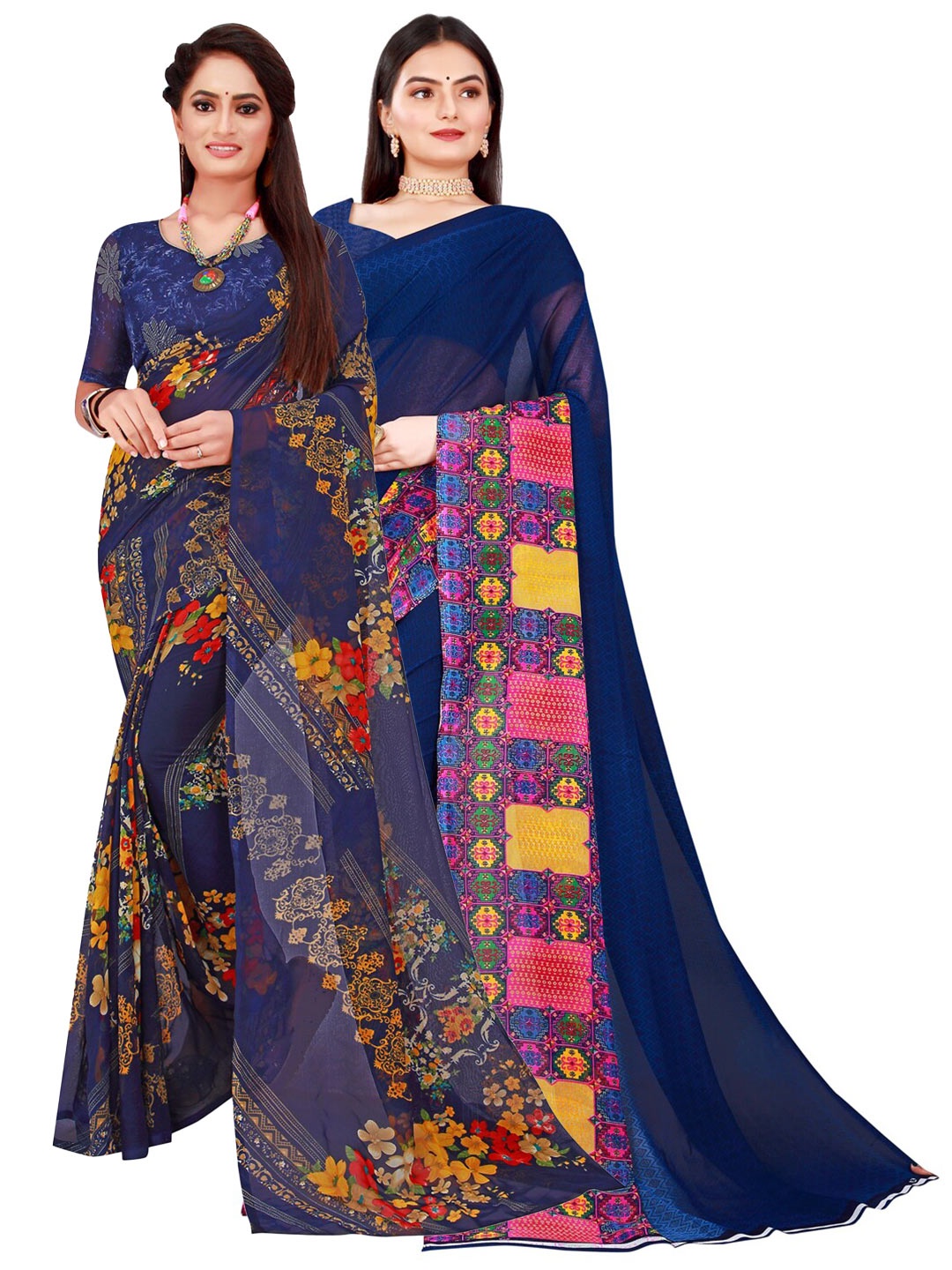 

Florence Navy Blue & Red Pure Georgette Saree