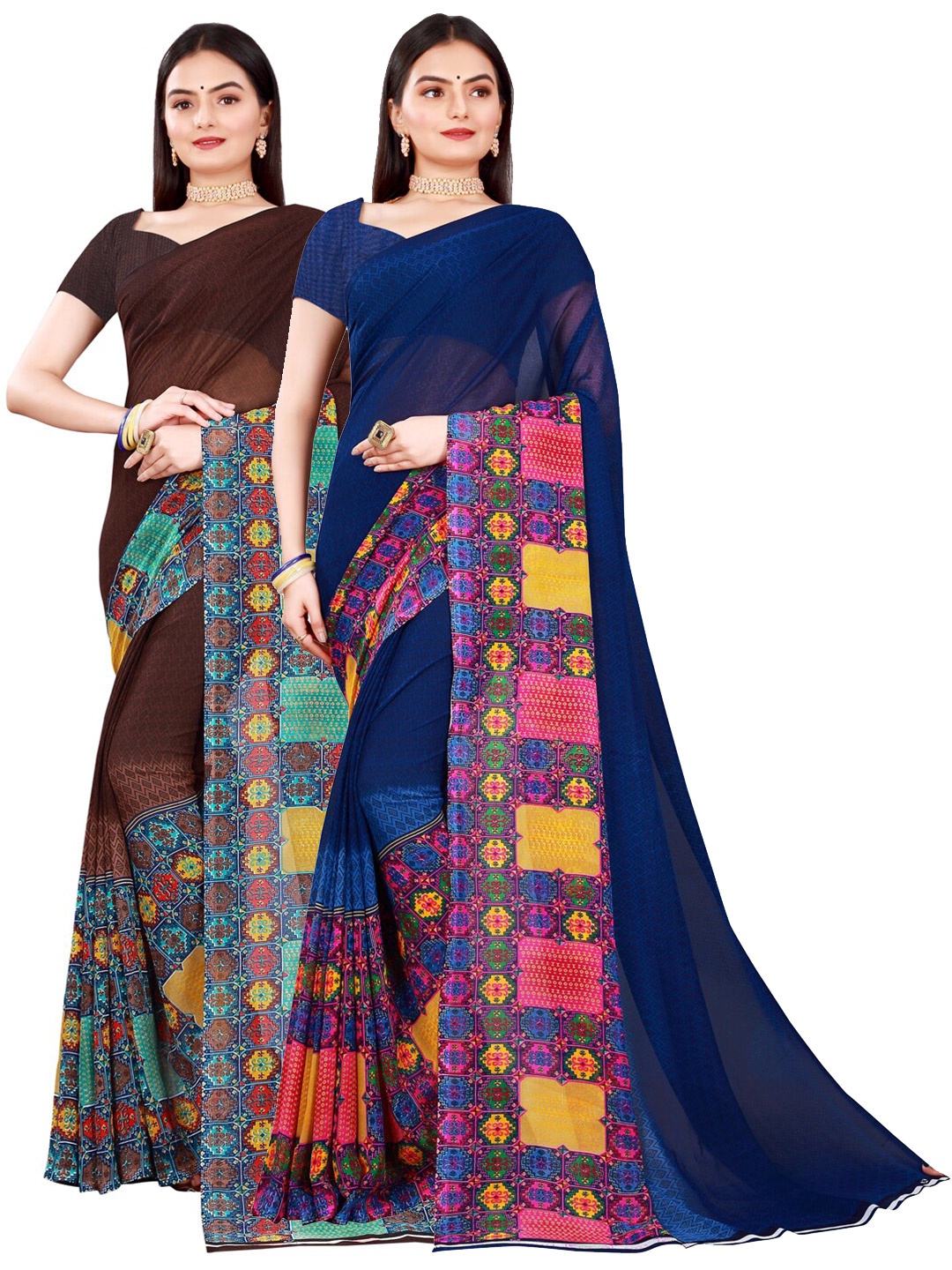 Florence Brown & Navy Blue Pure Georgette Saree