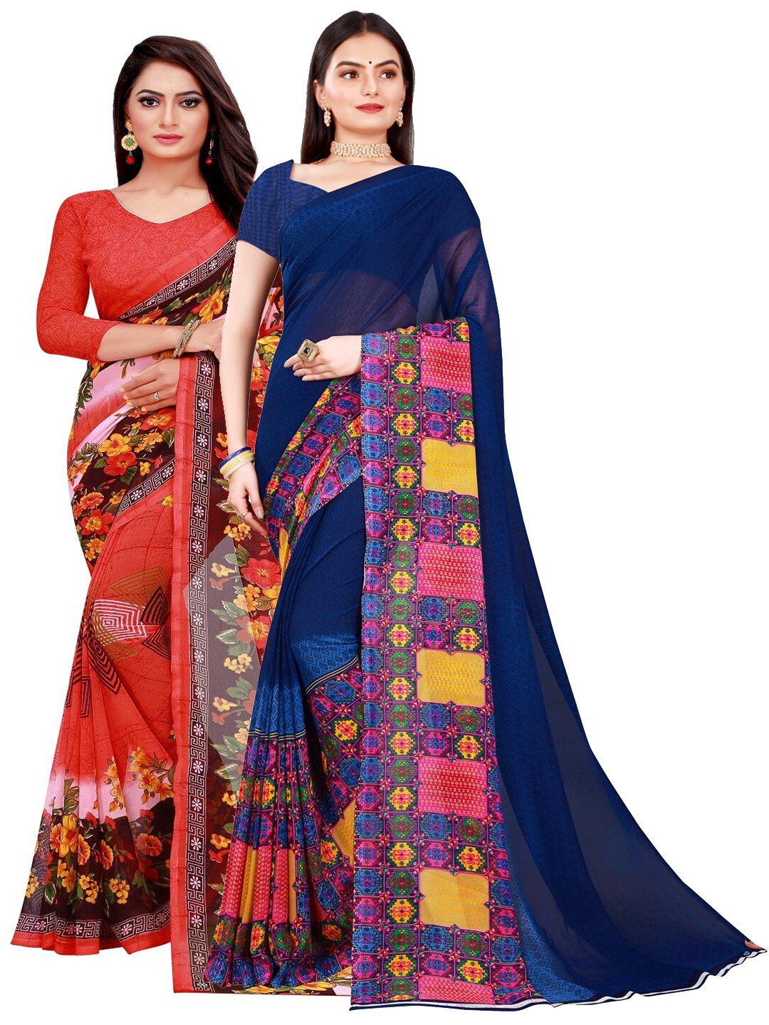 Florence Navy Blue & Red Pure Georgette Saree