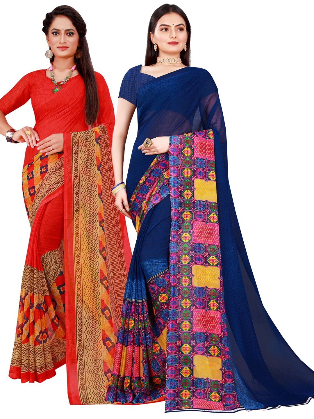 Florence Red & Navy Blue Pure Georgette Saree