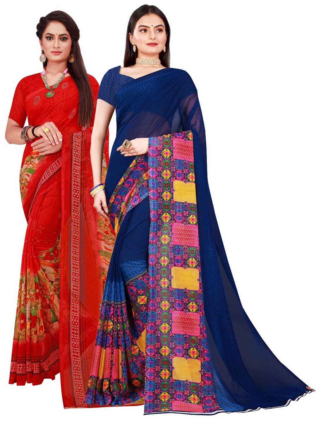 

Florence Navy Blue & Red Pure Georgette Saree