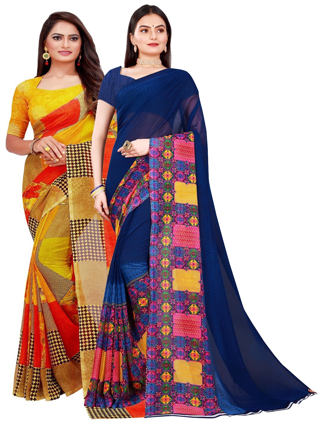 

Florence Navy Blue & Yellow Pure Georgette Saree
