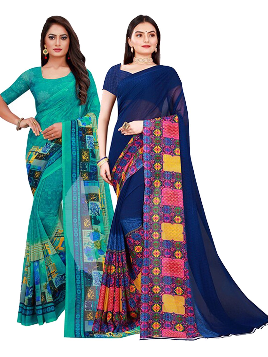 

Florence Pack Of 2 Turquoise Blue & Navy Blue Pure Georgette Saree
