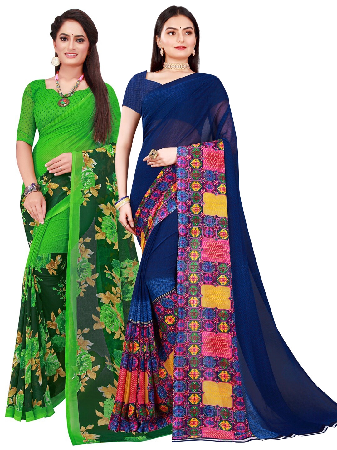 Florence Navy Blue & Green Pure Georgette Saree
