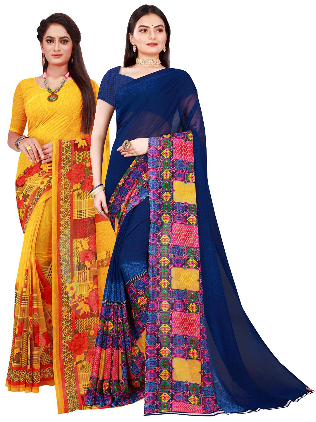 

Florence Yellow & Navy Blue Pure Georgette Saree