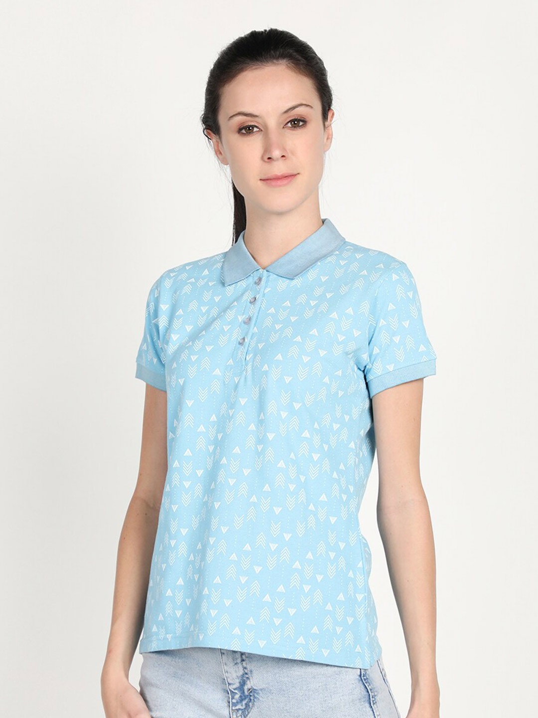 

PROTEX Women Blue Printed Polo Collar T-shirt