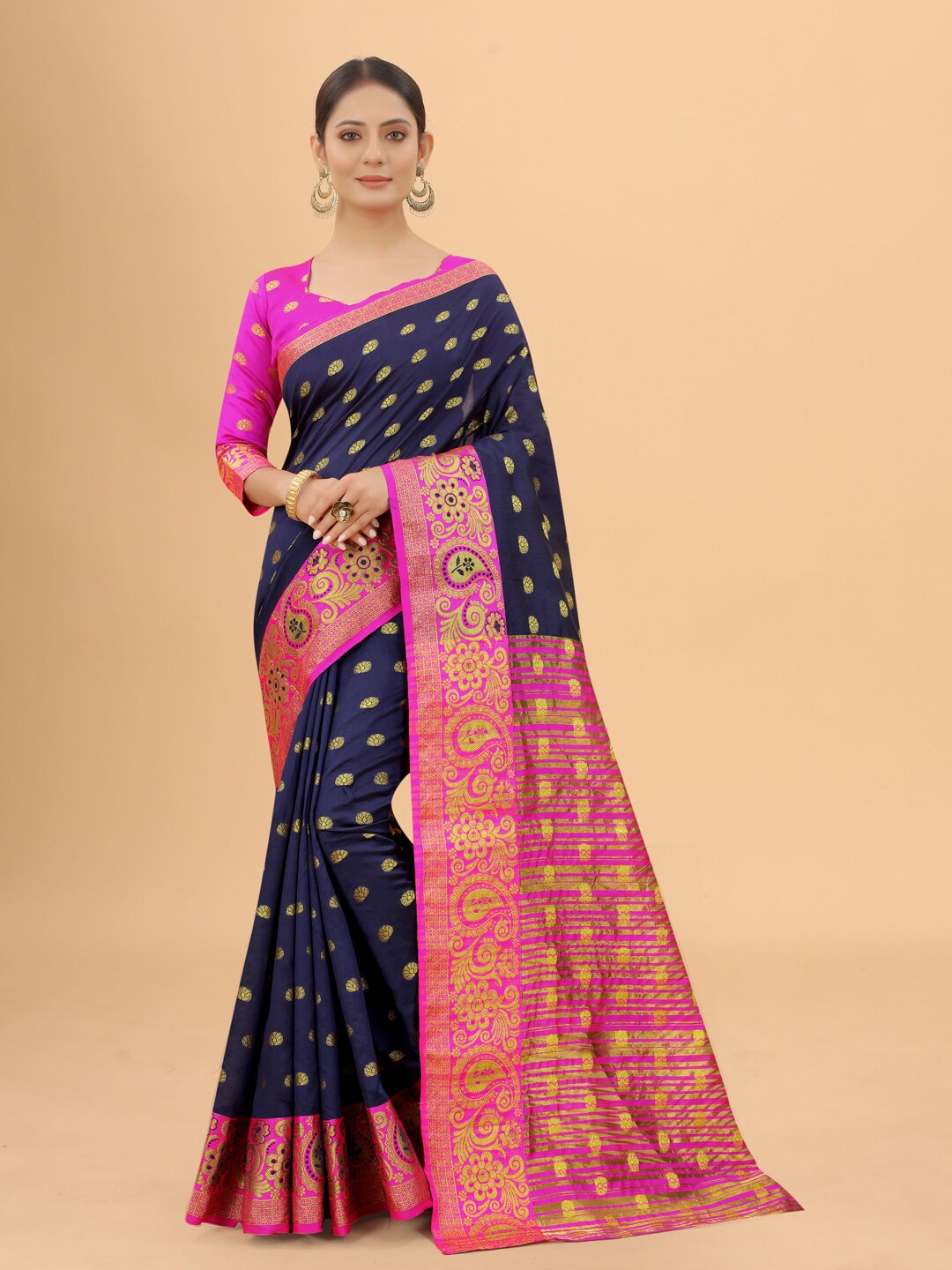 

INDI AVTAAR Navy Blue & Pink Woven Design Zari Silk Cotton Banarasi Saree