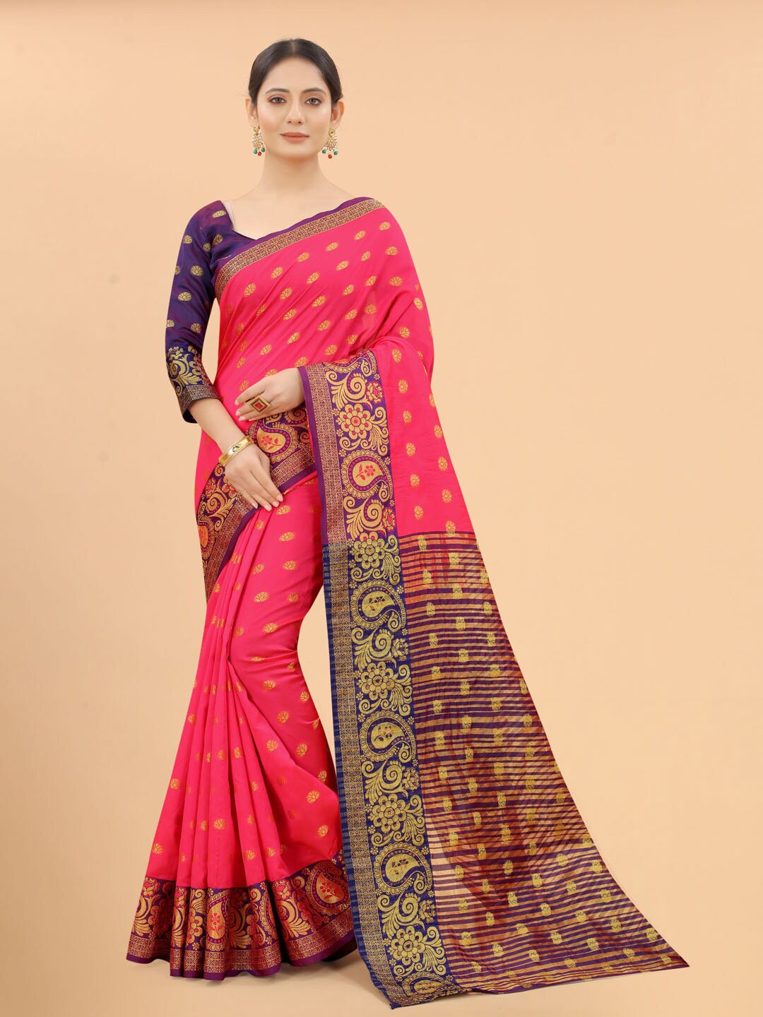 

INDI AVTAAR Magenta & Blue Woven Design Zari Silk Cotton Banarasi Saree