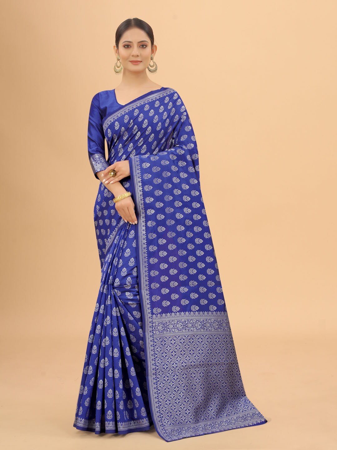 

INDI AVTAAR Blue & Silver-Toned Woven Design Zari Silk Cotton Banarasi Saree