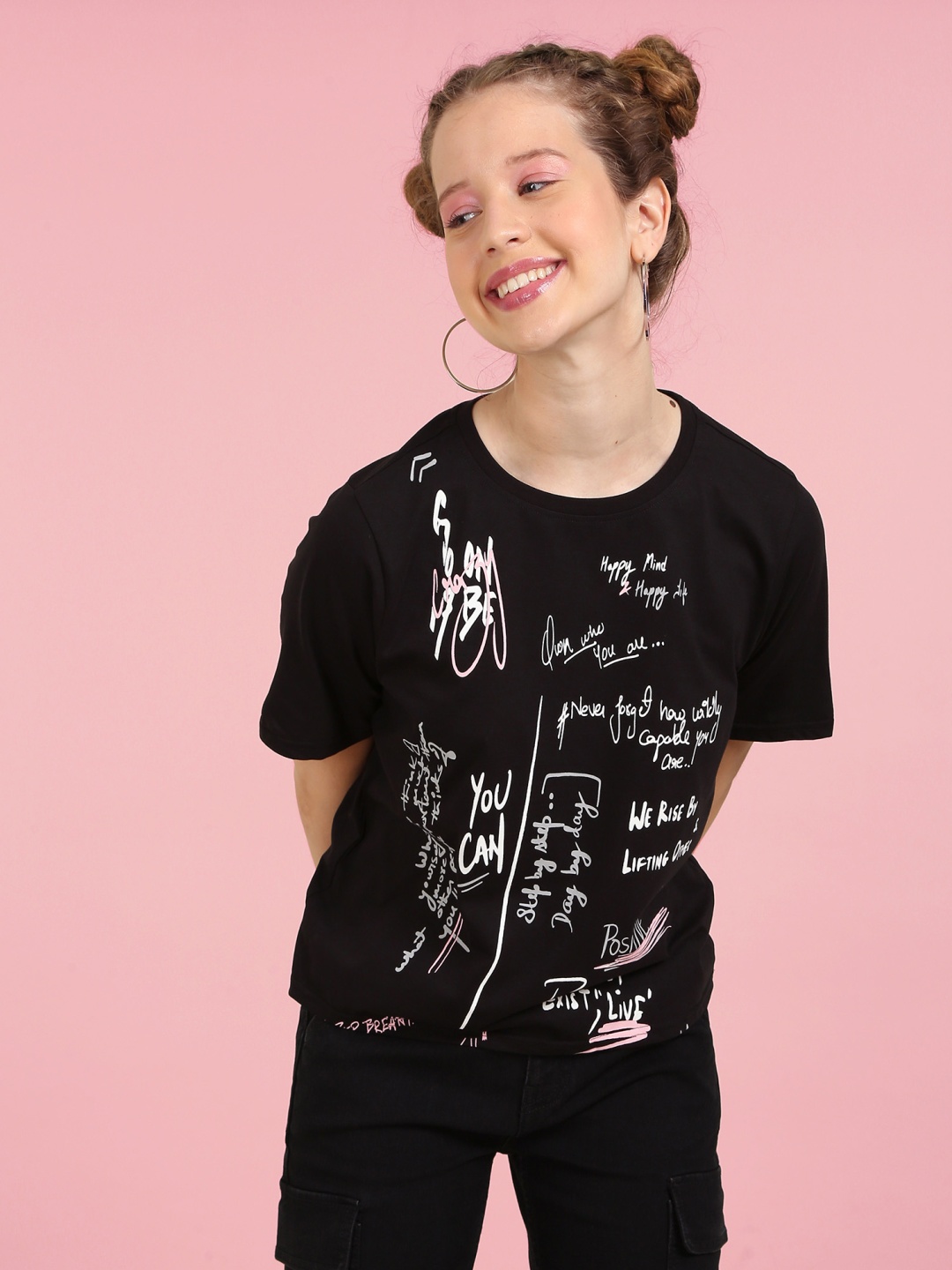 

Flying Machine Women Black & White Typography Printed Pure Cotton T-shirt