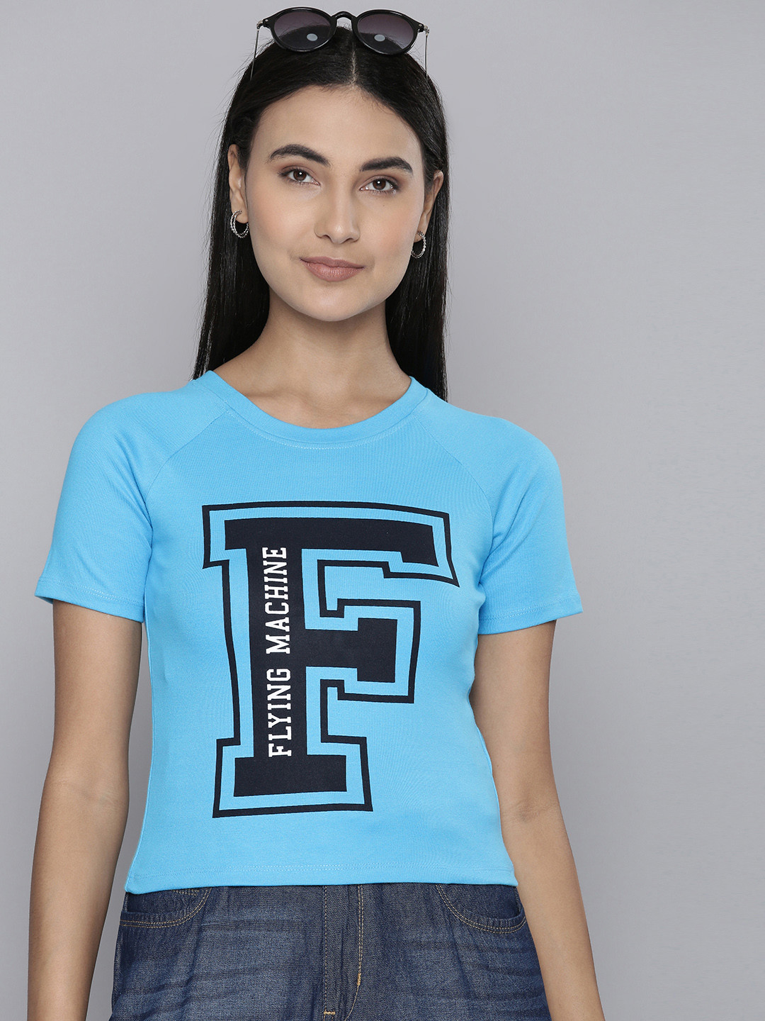 

Flying Machine Women Blue Brand Logo Printed Boxy T-shirt