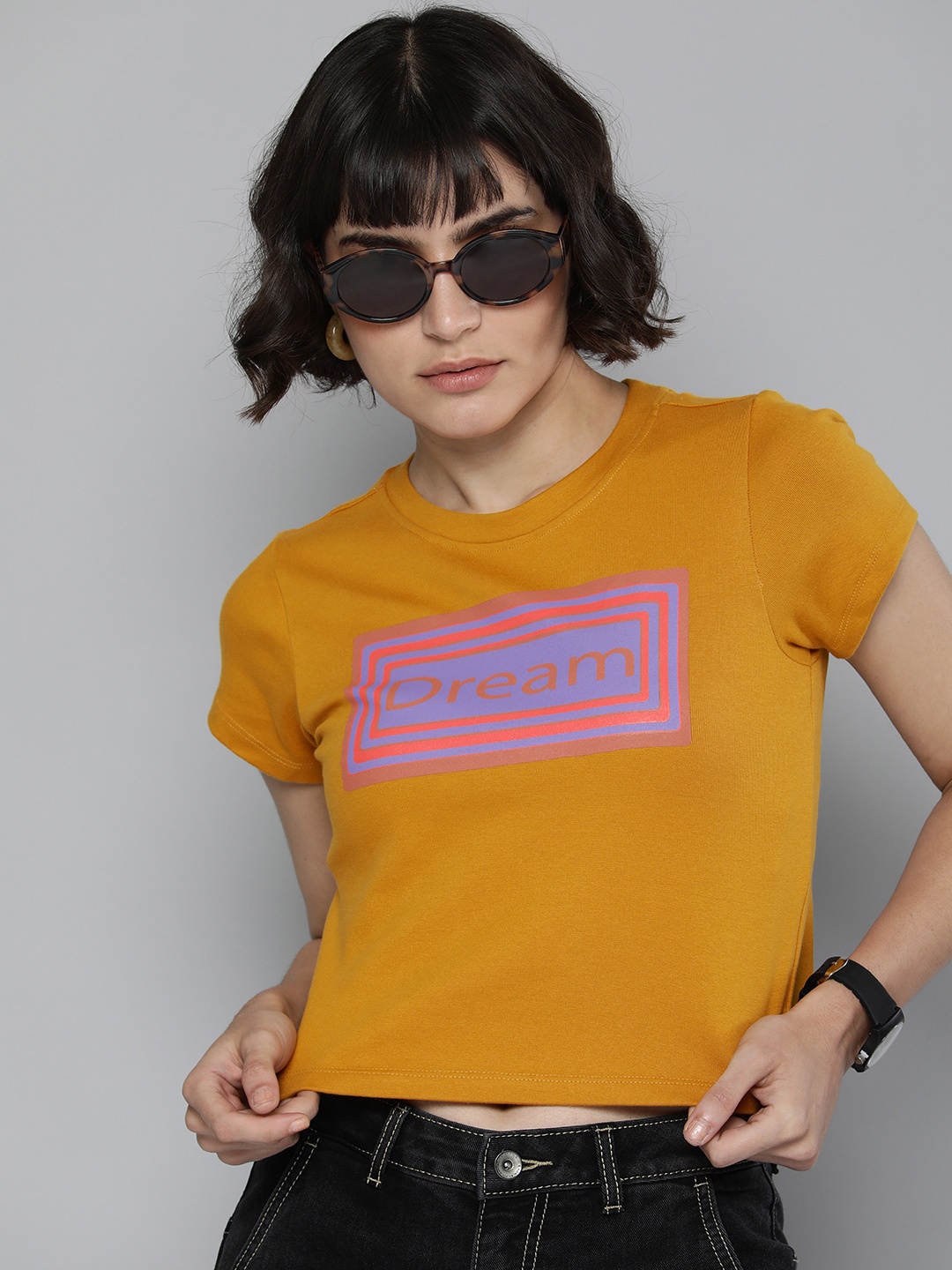Flying Machine Women Mustard Yellow Typography Printed T-shirt