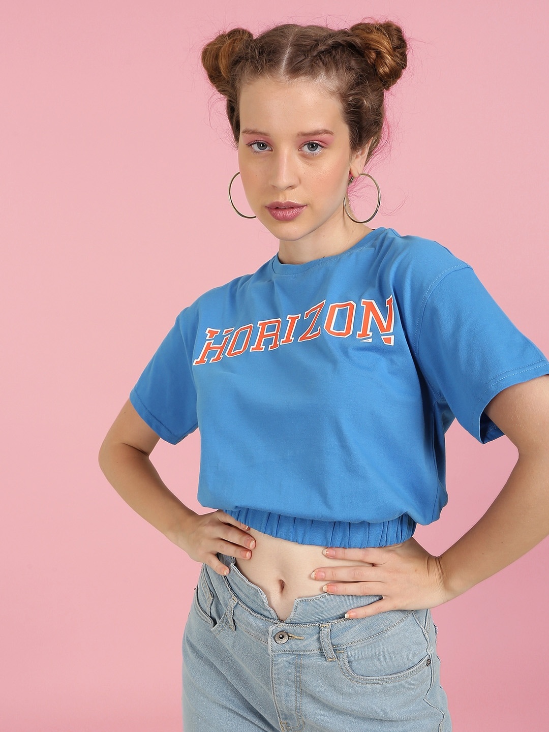 

Flying Machine Women Blue Typography Printed Pure Cotton Boxy Crop T-shirt