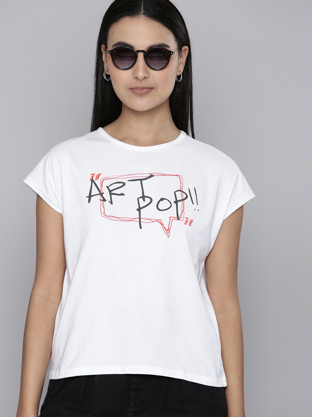 

Flying Machine Women White Typography Printed Extended Sleeves Pure Cotton T-shirt