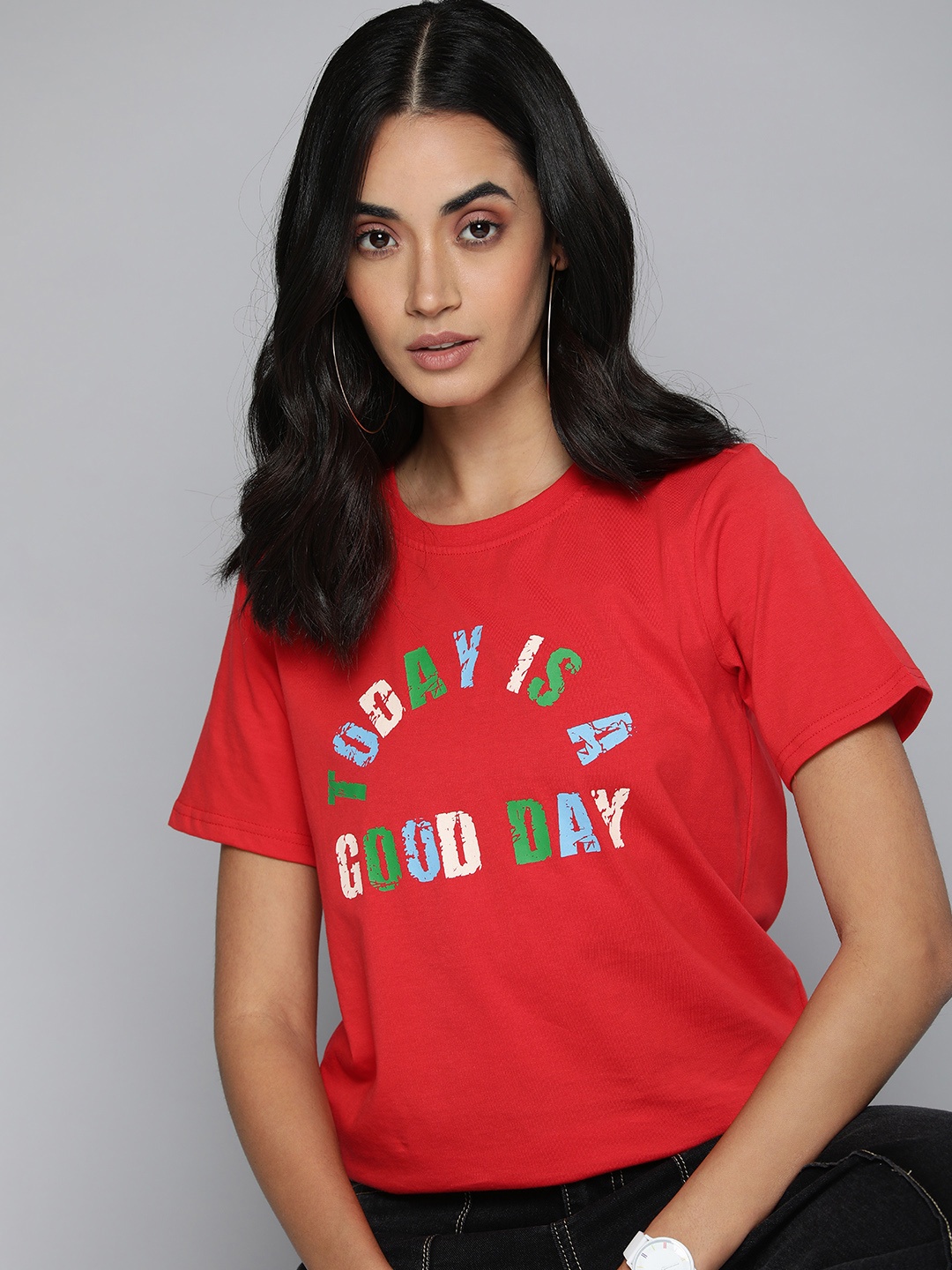 Flying Machine Women Red Typography Printed Pure Cotton T-shirt